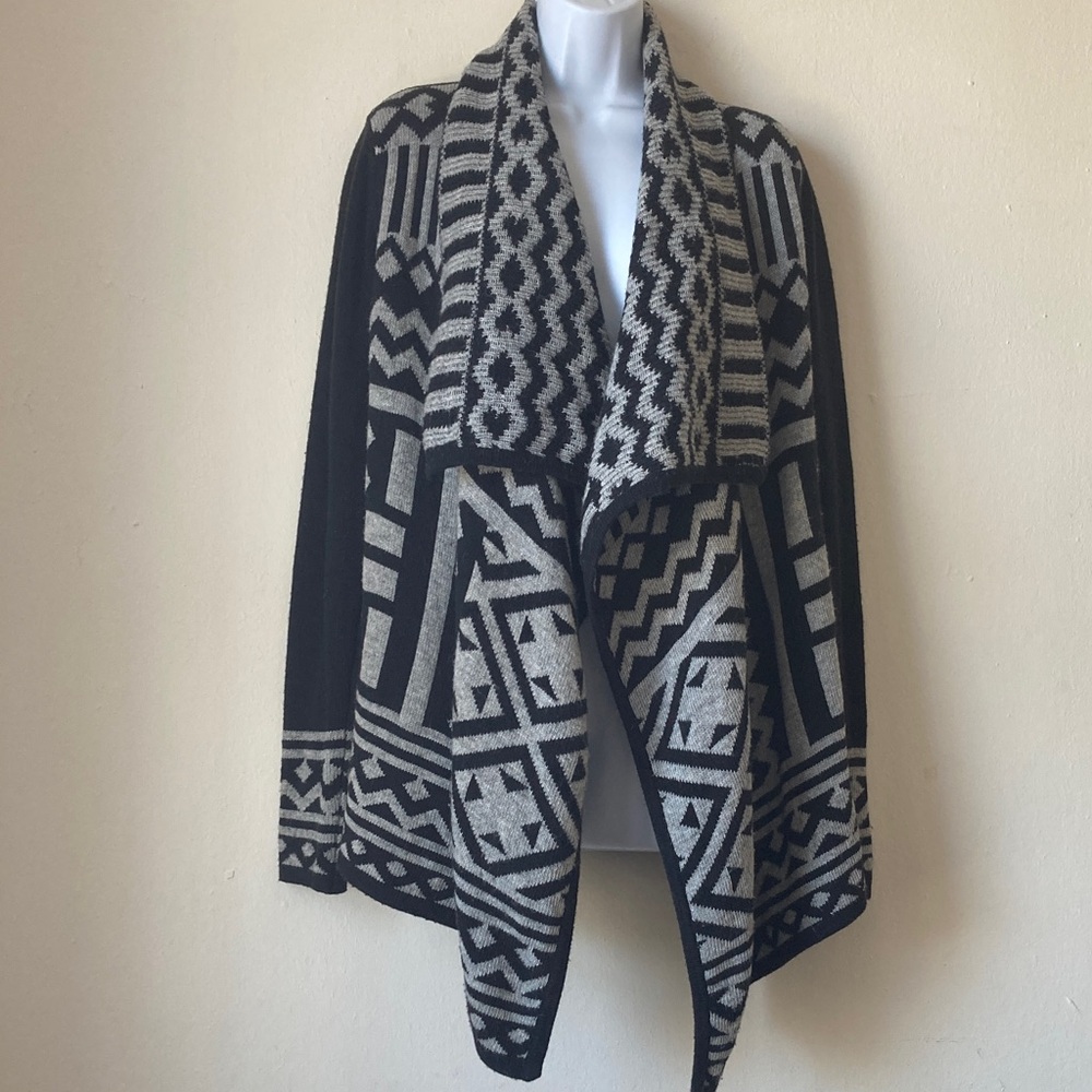 Mystree Open Front Cardigan Sweater Angora Blend Geometric Pattern Black/Gray S